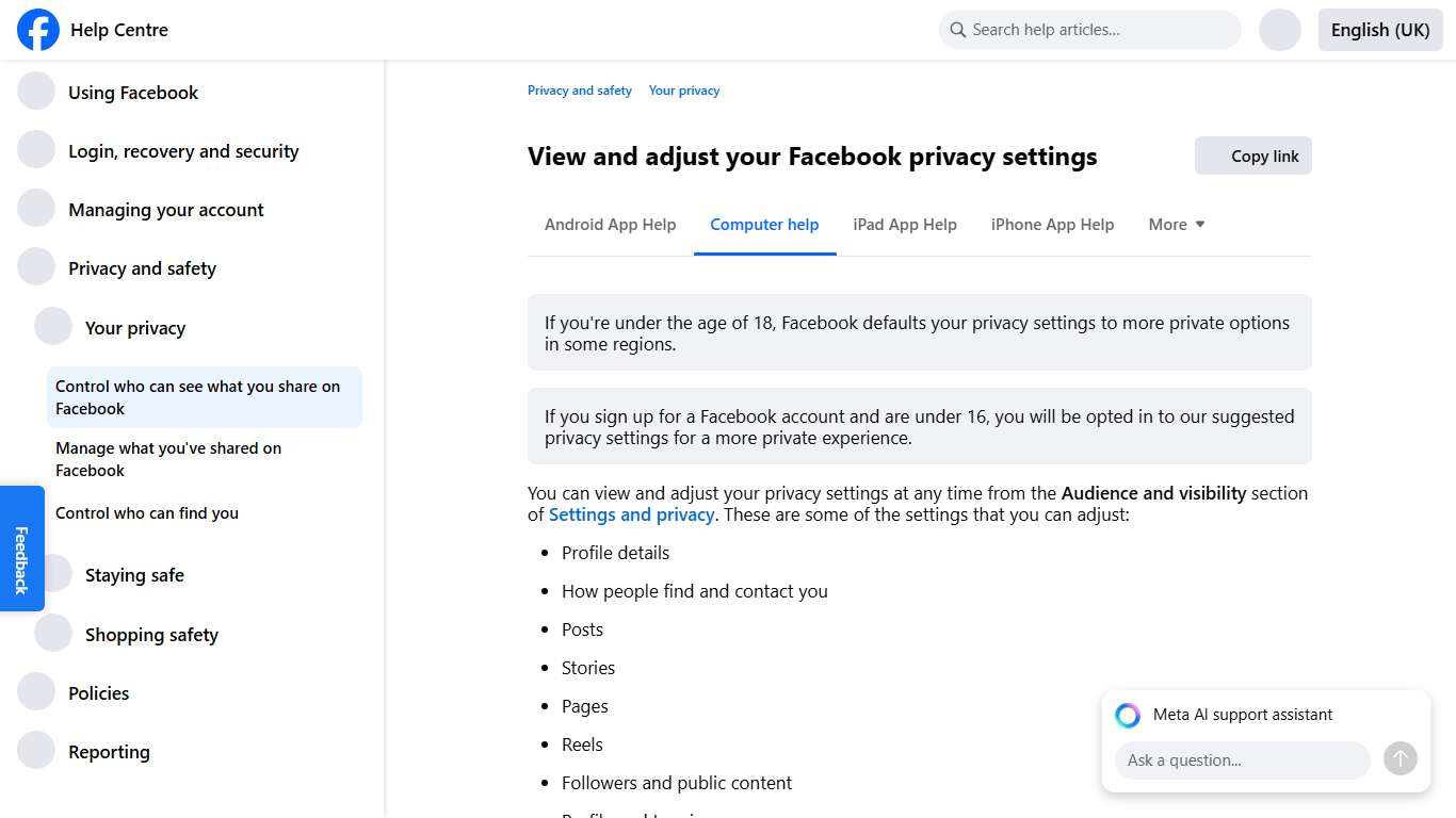 View and adjust your Facebook privacy settings Facebook Help Centre